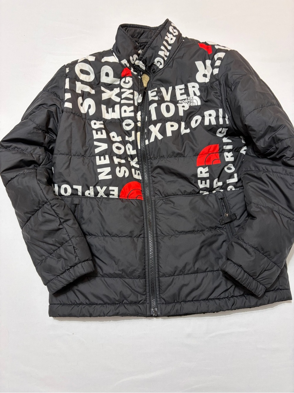 The North Face Youth L Reversible Puffer Jacket Coat Sherpa Black Red White